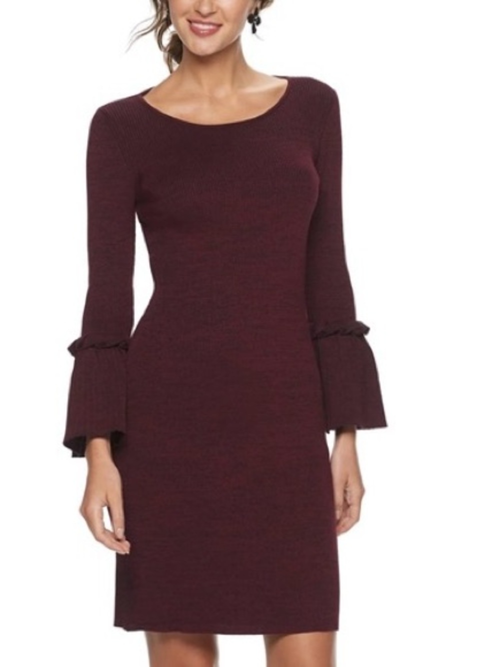 Nina Leonard Burgundy Ribbed Bell-Sleeve Knit Sweater Dress Size M